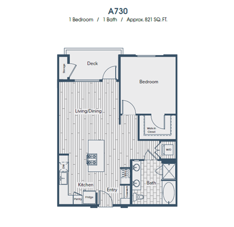 Floor plan for 1 bed, 1 bath, 821 sqft